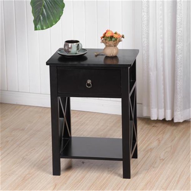 Wood Nightstand, Sesslife Modern Bedside Table with Drawer and Shelf, Black Night Stands for Bedroom, End Tables for Living Room, 2 Tiers Sofa Tables for Home