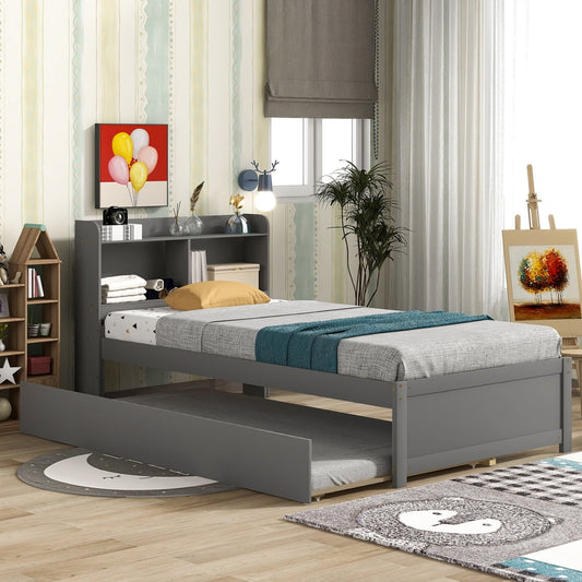 Twin Bed with Trundle Bed, Sesslife Twin Bed Frames with Bookcase Headboard, Wood Platform Bed with Storage, Twin Size Beds No Box Spring Needed, Twin Bed Frames for Kids Teens Adults, Gray