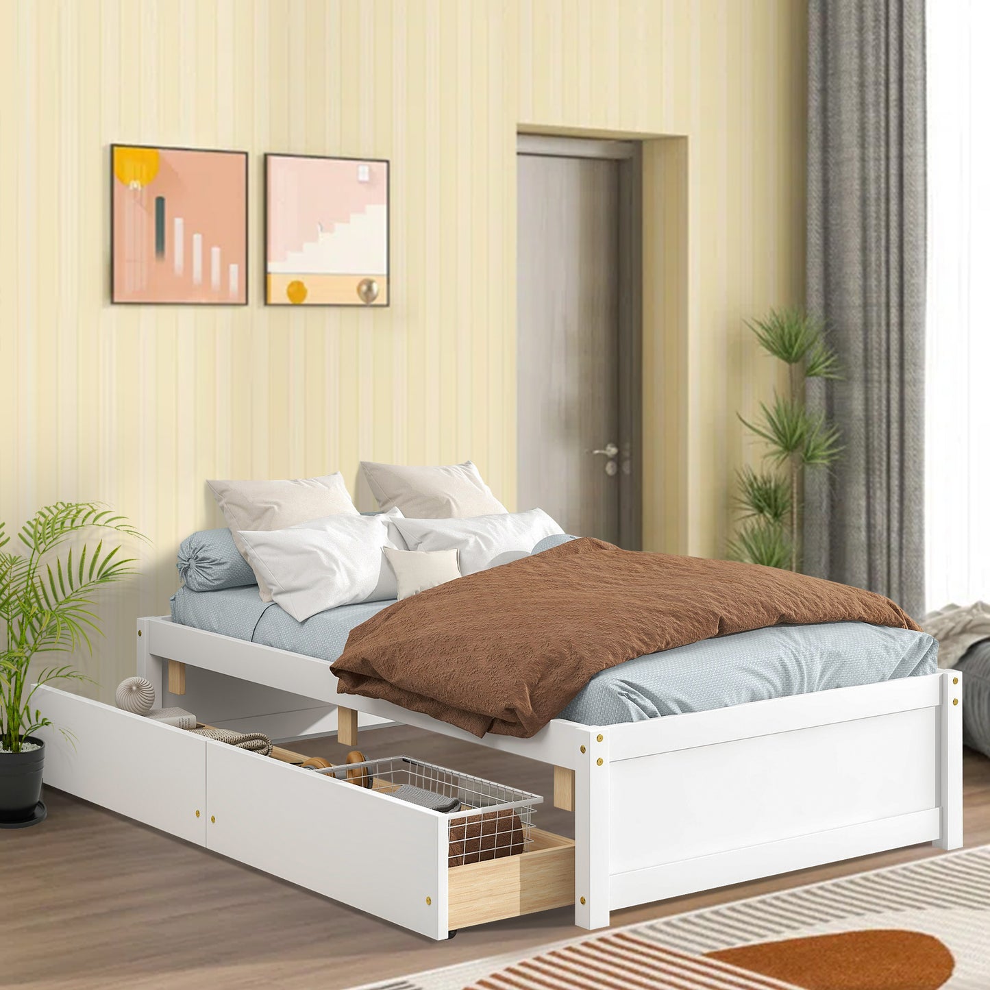 SESSLIFE Twin Platform Bed with Drawers, Wood Twin Bed Frame with Storage for Bedroom Guest Room, Twin Size Bed Frame No Box Spring Need for Boys Girls Teens Adults, Gray, X2920