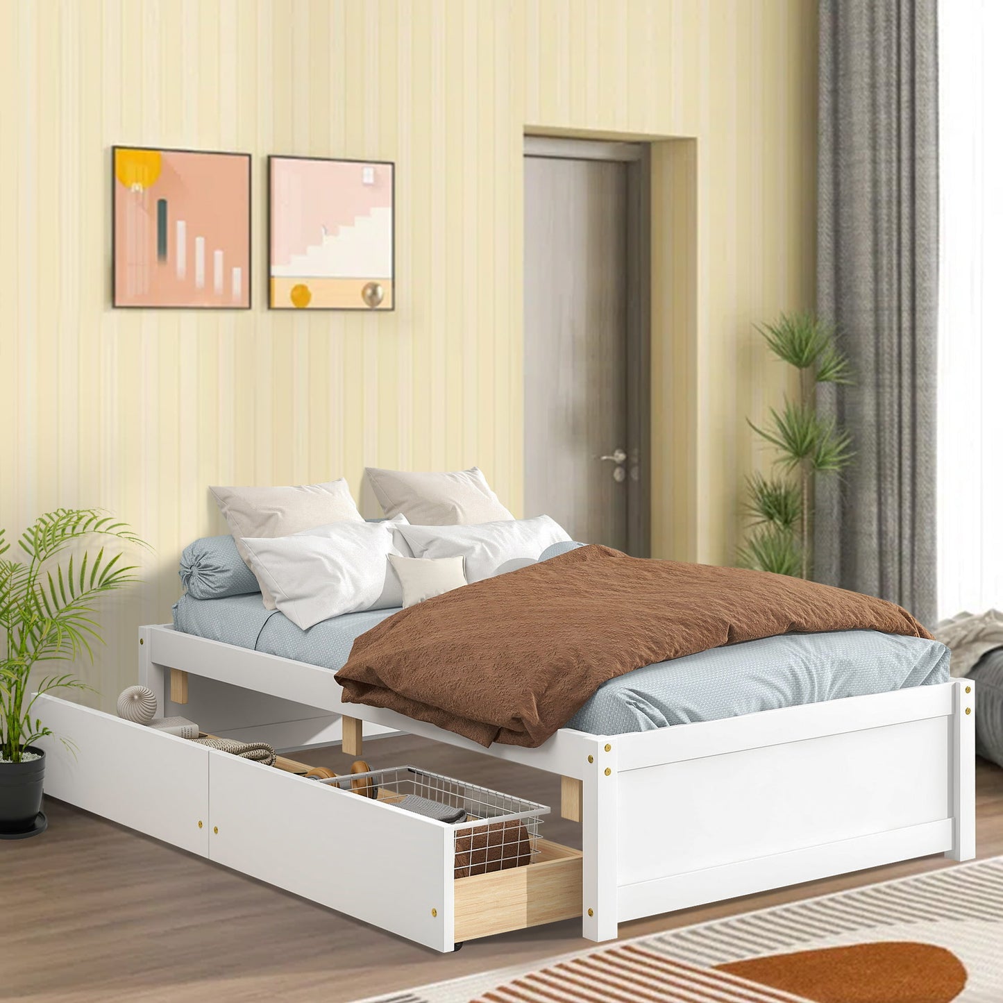 SESSLIFE Storage Twin Bed, Wood Bed Frame with Drawers and Wooden Slats, Twin Size Platform Bed Frame with Storage, No Box Spring Needed, Modern Bed for Bedroom Guest Room, White, X2917