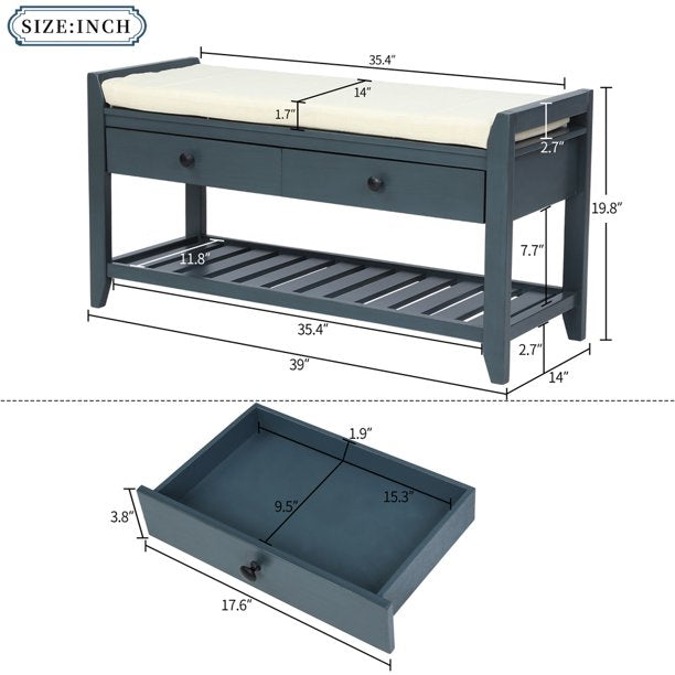 Entryway Bench with Storage Drawers, SESSLIFE Wooden Shoe Bench, Modern Storage Bench with Cushion, White, X296