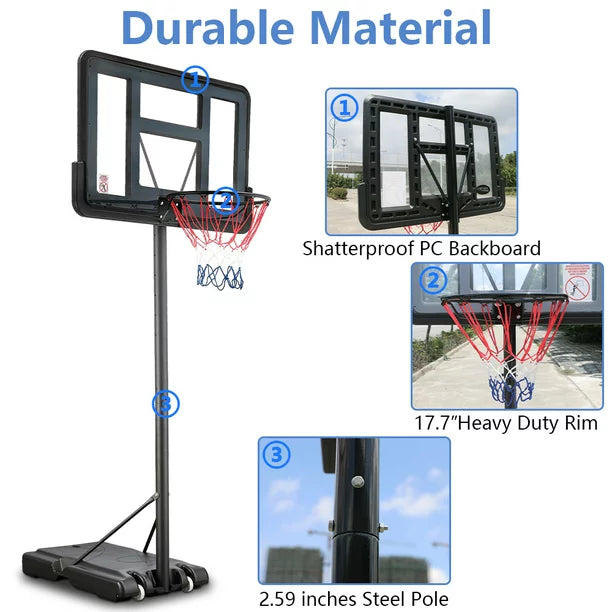 44 inch Outdoor Basketball Hoop Stand for Adults, Sesslife 4.9FT-10FT Height Adjustable Portable Basketball Hoop w/Wheels & Shatterproof Backboard for Outside, Court Backyard, Black