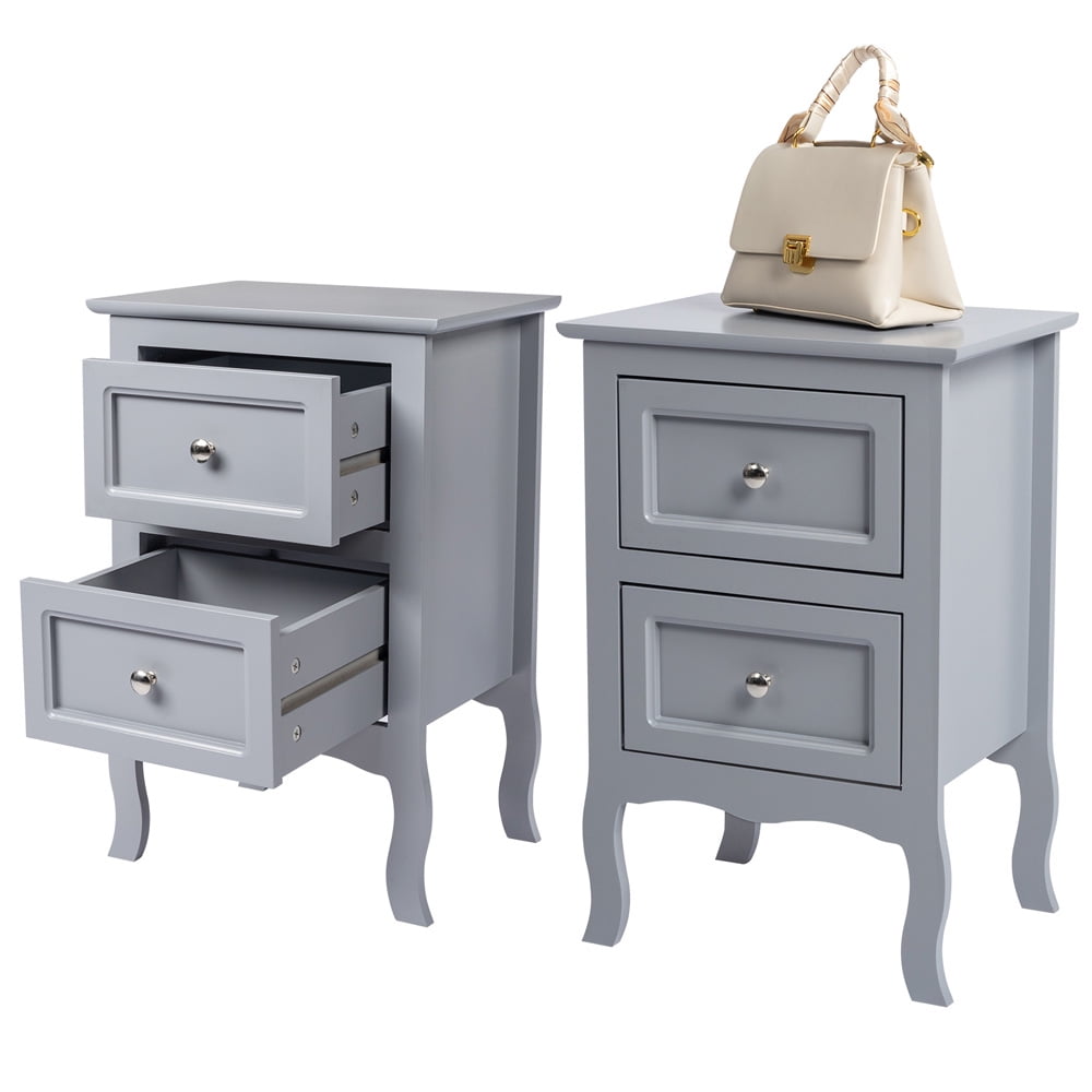 Side Tables for Living Room, Sesslife Grey Storage Nightstand Set of 2, Wooden Bedside Table with 2 Drawers for Bedroom, 23.6" Tall End Table 2 Piece Pack