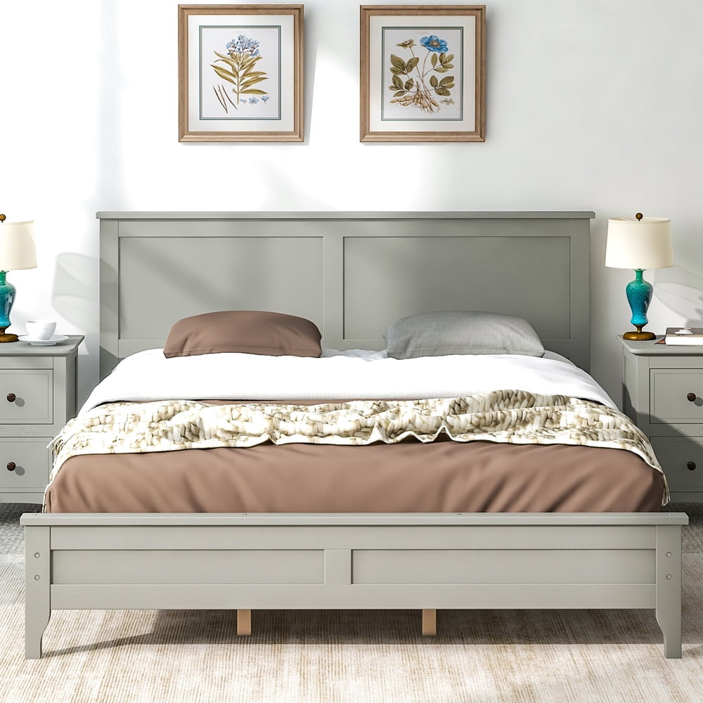 SESSLIFE Queen Bed Frames, Gray Queen Platform Bed with Headboard and Footboard, Wood Queen Bed with 10 Wooden Slats, No Box Spring Needed, Modern Bedroom Furniture for Kids Teens Adults