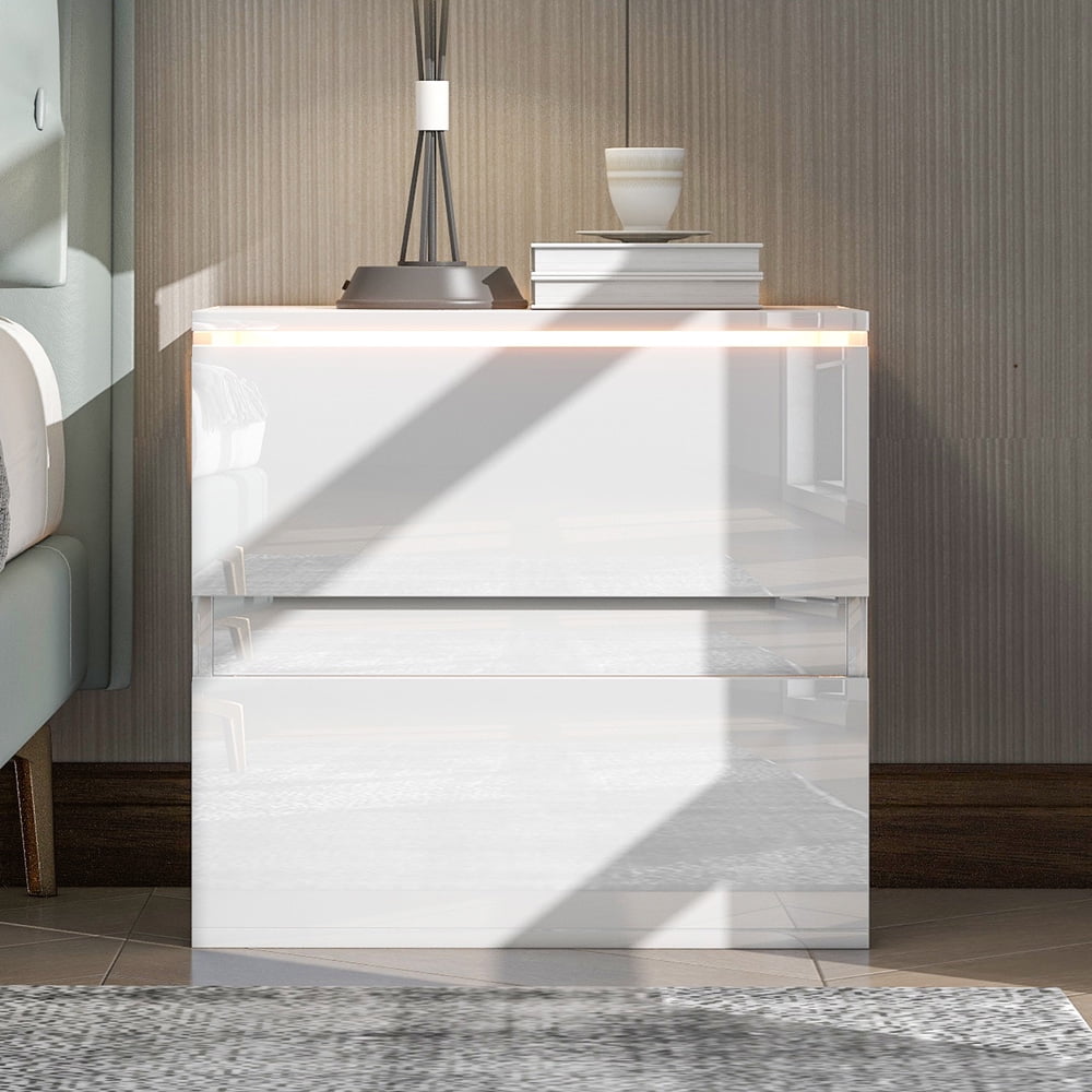 White Nightstand for Bedroom with 2 Drawers, Sesslife Modern Bedside Table with USB Charging Ports and Outlets, Wireless Charging, LED Light, Multifunctional Wood Side Table