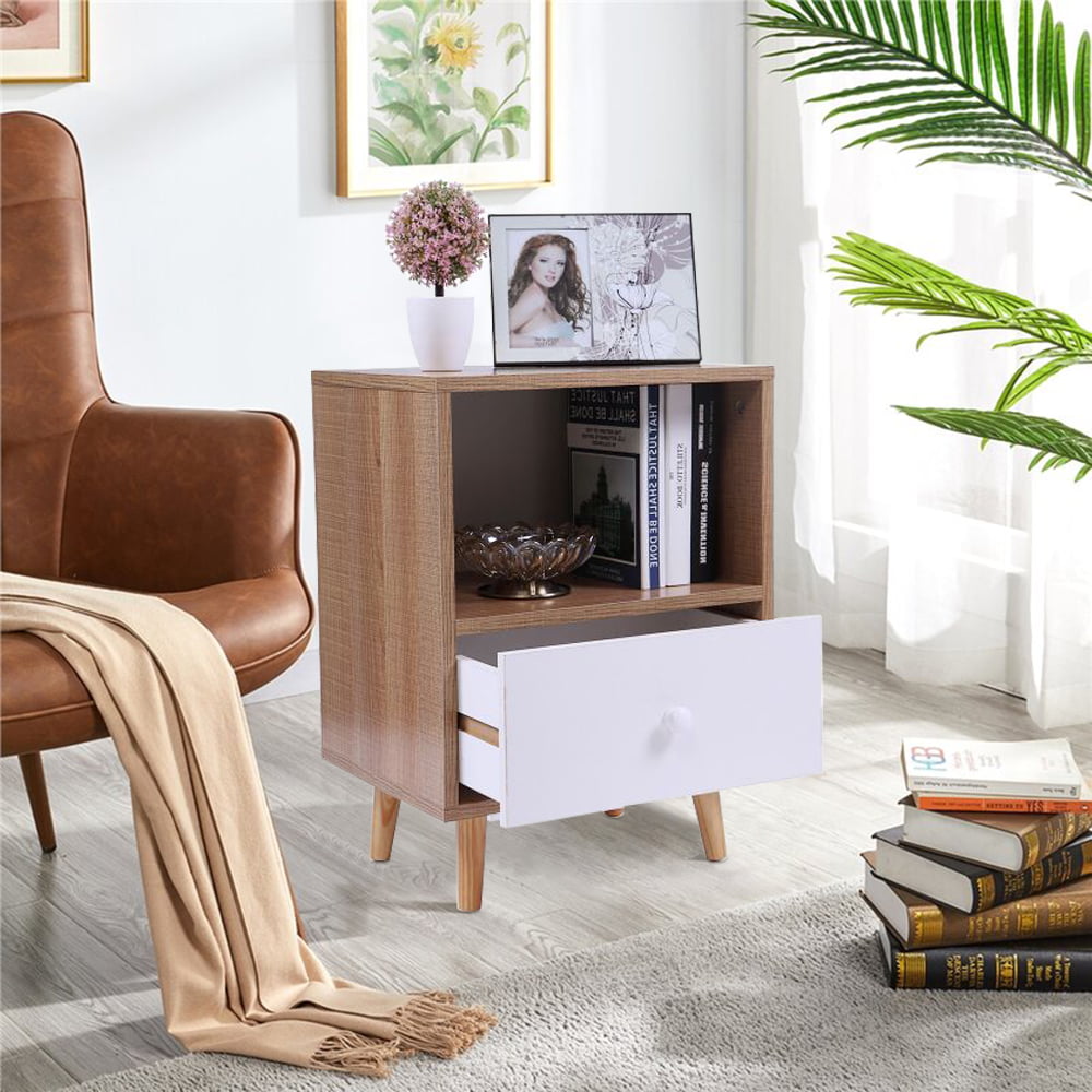 2 Pieces Modern Nightstand, SESSLIFE Wood Bedside Table with Drawer and Open Shelf, Side Table with Storage and Splayed Legs, Log Color & White, X345