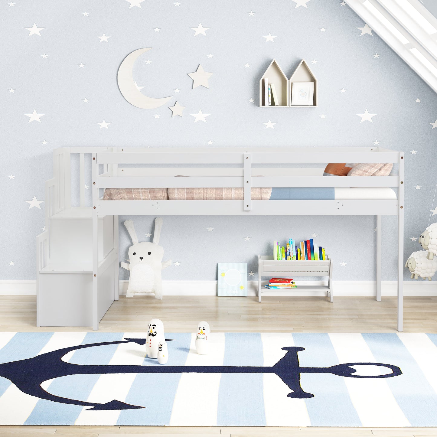 Twin Loft Bed for Kid, SESSLIFE Wood Loft Bed with Stair, Twin Bed Frame with Guardrail and Storage, No Box Spring Needed, Modern Bedroom Furniture for Kids Teens, White, X2069