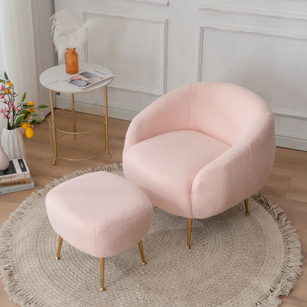 Pink Accent Chair and Ottoman Set, Sesslife Faux Fur Accent Chair with 15.7"H Ottoman, Modern Living Room or Bedroom Furniture