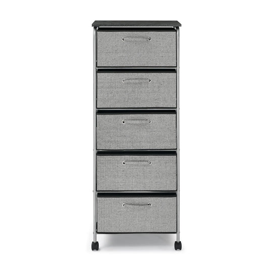 Dresser for Bedroom Chest Living Room, SESSLIFE Grey Fabric Dresser with 5 Drawers, 4 Wheels, MDF Top, Steel Frame, Closet Dresser Storage Tower for Home Organize, X1459