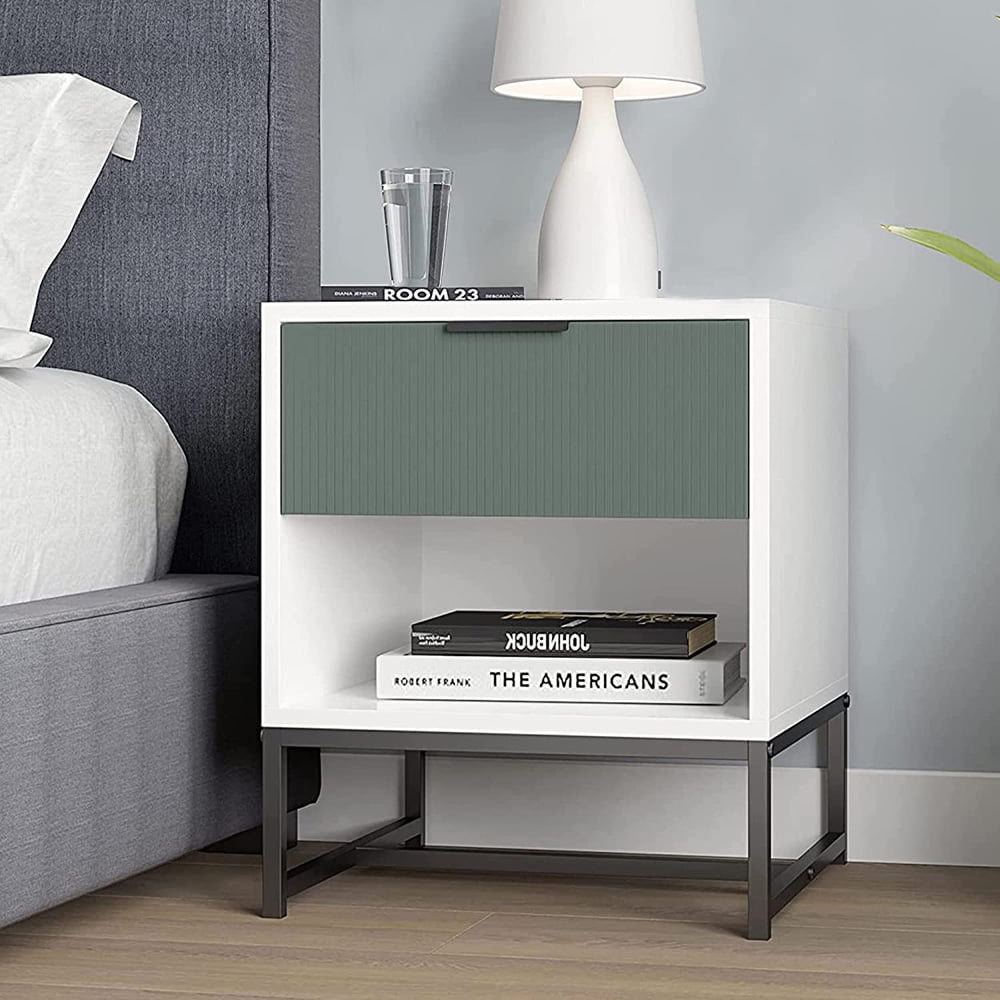 Modern Nightstands, Sesslife Bedroom Bedside Table with Drawer, Tall End Table with Bottom Shelf, Steel Frame Wood Side Table, 220Lbs Weight Capacity, Easy Assembly, White & Green, X3302
