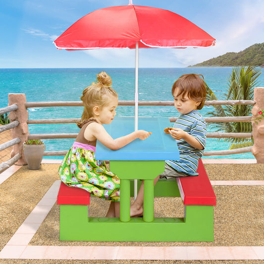 Kids Picnic Table with Umbrella, SESSLIFE Toddler Table and Chair Set for Indoor Outdoor, 4 Seats Table and Bench for Ages 2-4 Boys Girls, Garden Patio Play Table Set for Kids, Multiple Color, X3002