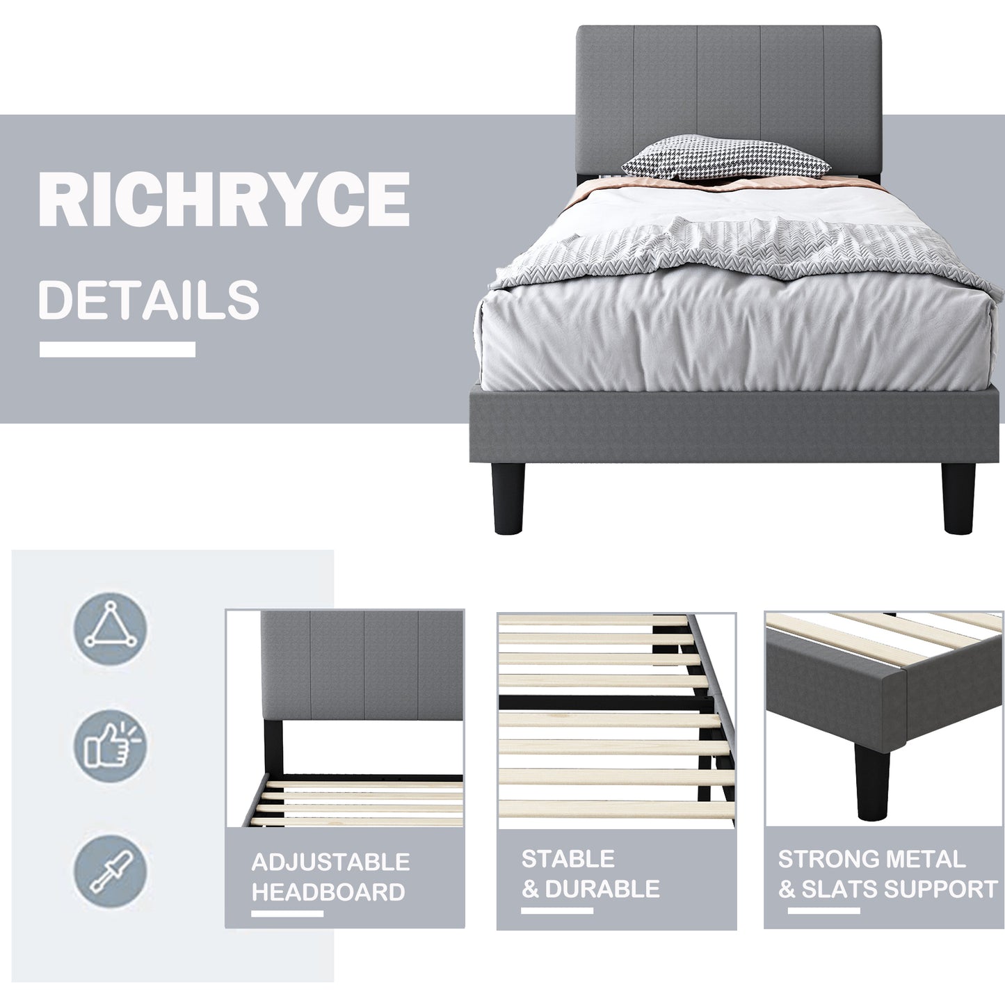 Sesslife Gray Platform Bed Frame, Twin Bed Frame with Upholstered Headboard, Twin Floor Bed Frame, Mattress Foundation, No Box Spring Needed, Easy Assembly