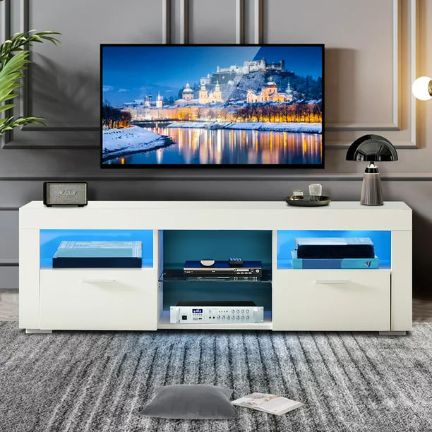 SESSLIFE LED TV Stand for UP 43 Inch TVs, Wooden Entertainment Center Combination TV Cabinet with 2 Storage Drawers, TV Console Stand Bookcase for Living Room Office