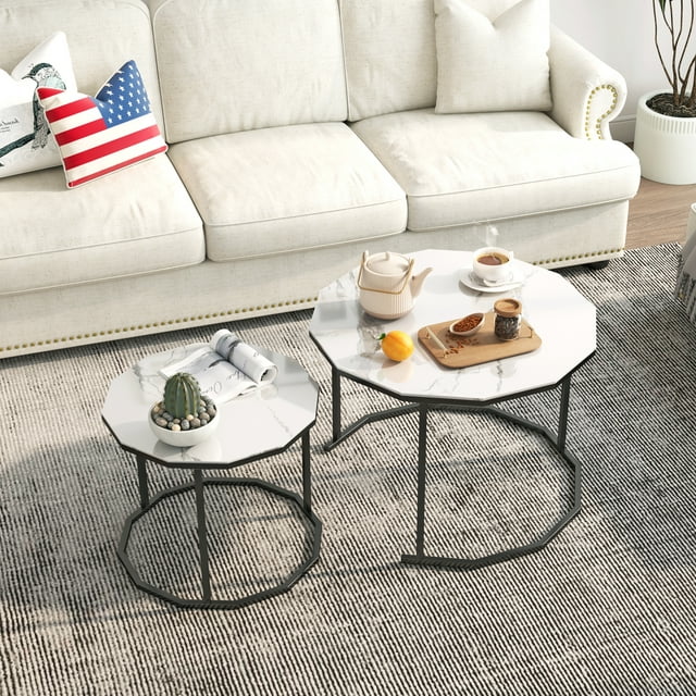 Sesslife Coffee Table Nesting Set of 2, Side Set Black Frame Circular and Marble Pattern Tables, Living Room Bedroom Apartment Modern Industrial Simple Nightstand, White + Black