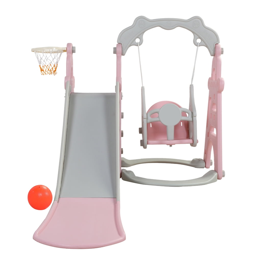 3 in 1 Outdoor Indoor Playground, SESSLIFE Toddler Swing and Climber Slide with Basketball Hoop, Kids Toys for 2-4 Years Old Birthday Gift, Pink, X2000