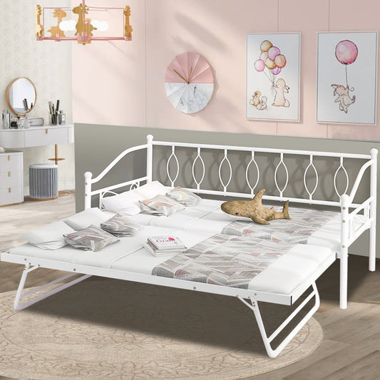 SESSLIFE Twin Daybed with Trundle, Metal Daybed Frame with Pop Up Trundle, No Box Spring Needed, Twin Size Sofa Bed with Steel Slats Support for Living Room Office, White, X2692