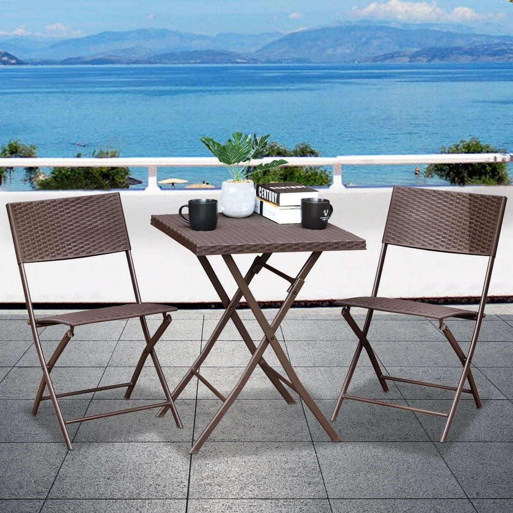 SESSLIFE Patio Bistro Set, Outdoor Patio Furniture Set, 3 Piece Patio Wicker Dining Set w/Steel Frame, Foldable Bistro Chairs and Table for Backyard Balcony Deck, Rattan Furniture Set, Brown, X1307