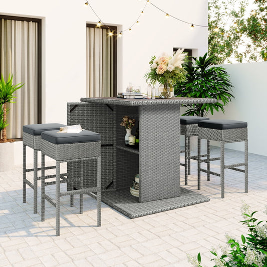 Sesslife Patio Table and Stools Set, 5 Piece Wicker Outdoor Furniture Sets, Patio Dining Set with 4 Padded Stools and Storage Table for Backyard Garden, Gray PE Rattan Counter Height Outdoor Bar Sets