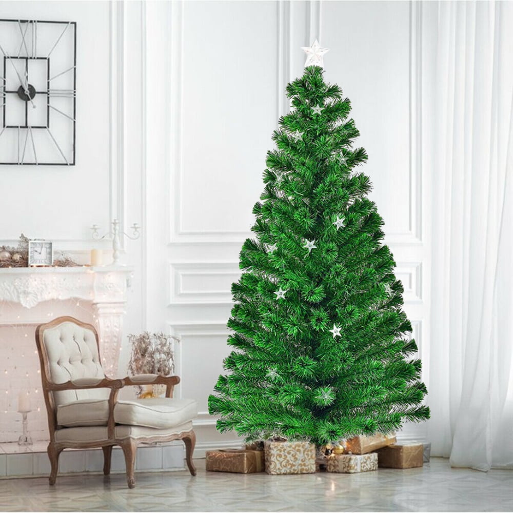 SESSLIFE 7ft Artificial Christmas Tree, Prelit Christmas Tree with led RGB Lights and Star Topper, Spruce Hinged Xmas Tree w/ Metal Base for Christmas Decor/Holiday Decor, Easy Assembly, Green, X1747