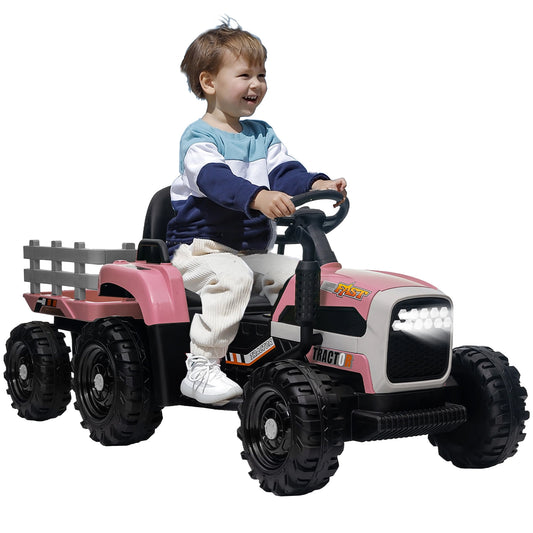 12V Kids Ride on Tractor with Trailer, Sesslife Battery Powered Electric Ride on Car w/ Remote Control, 3 speed, Power display, USB,MP3 , Bluetooth, LED light, Electric Vehicles for Boys Girls, Pink