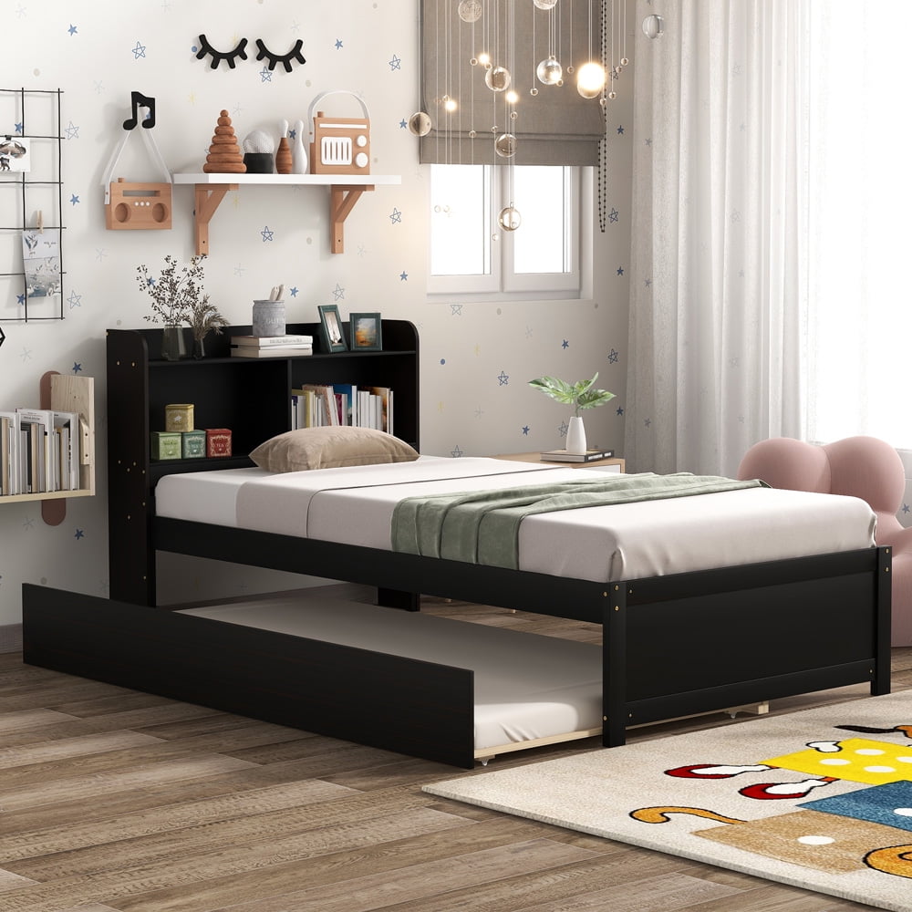 Wood Twin Bed with Storage, Sesslife Kids Bed Frame with Twin Trundle Bed, Storage Bed Frames with Bookcase Headboard and No Box Spring Needed, Espresso Platform Bed Bedroom Furniture