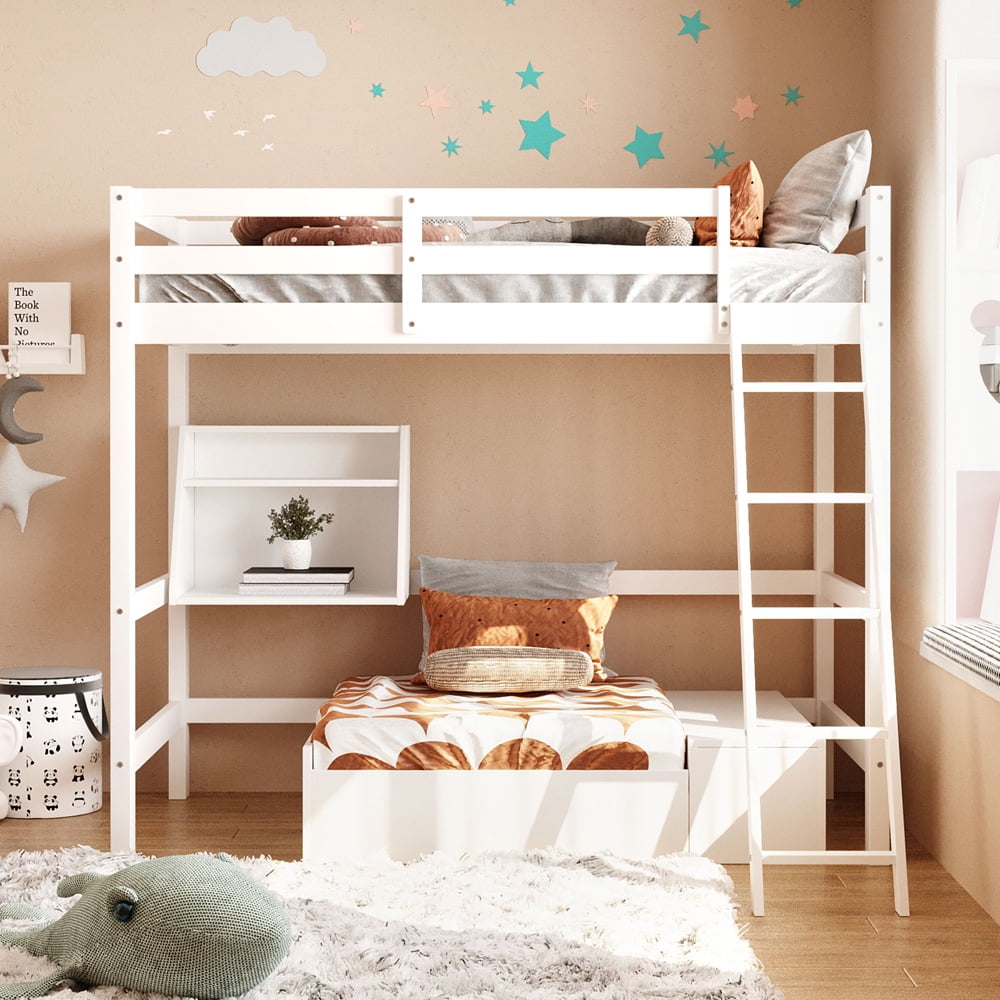 Sesslife Twin Loft Bed Wood, Kids Loft Bed with Convertible Lower Bed, Storage Drawer and Shelf, White Loft Bed with Storage for Kids Boys Girls, Modern Bedroom Furniture