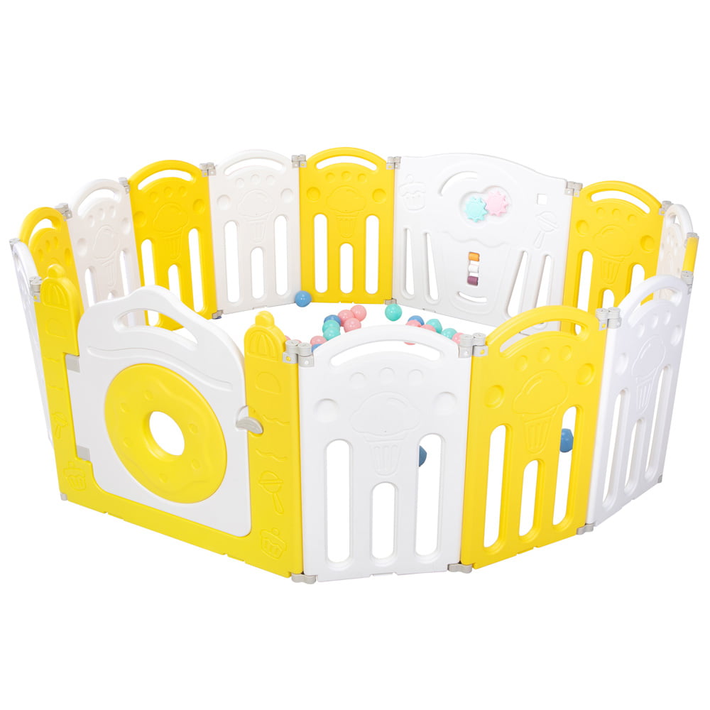 Foldable Baby Playpen, SESSLIFE Play Yard with Safe Lock Door, 14 Panel Playpen Activity Center 58.84"L x 58.67"W x 25.79"H, Indoor Playpen for Babies Toddlers, Boys Girls Gift, Yellow & White, X2864