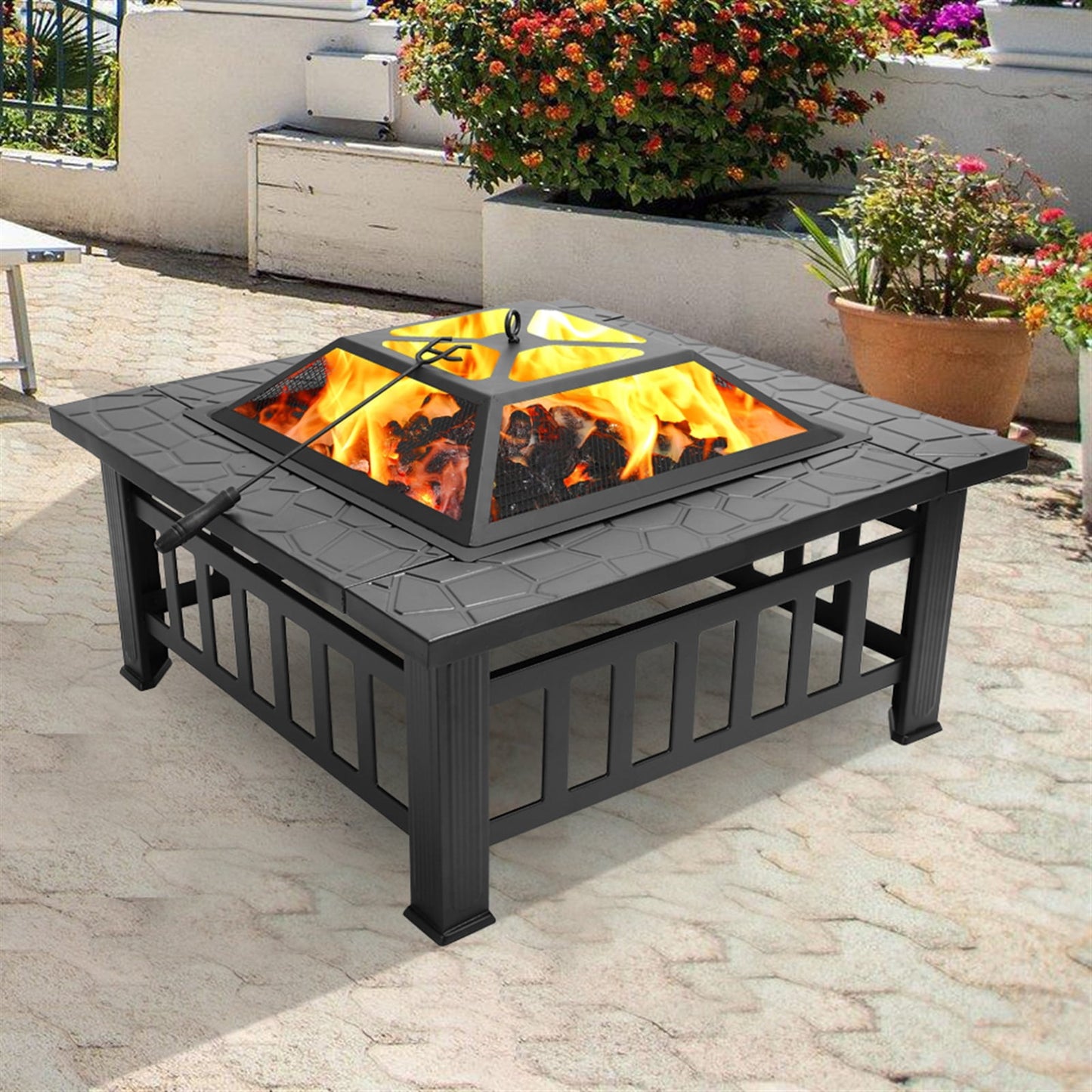 SESSLIFE Outdoor Fire Pits, 32" Square Fire Pit Table, Fire Pit Wood Burning with Safe Mesh Lid, Steel Frame Fire Pit, Patio Firepit/Grill/Ice Bucket, Black, X743