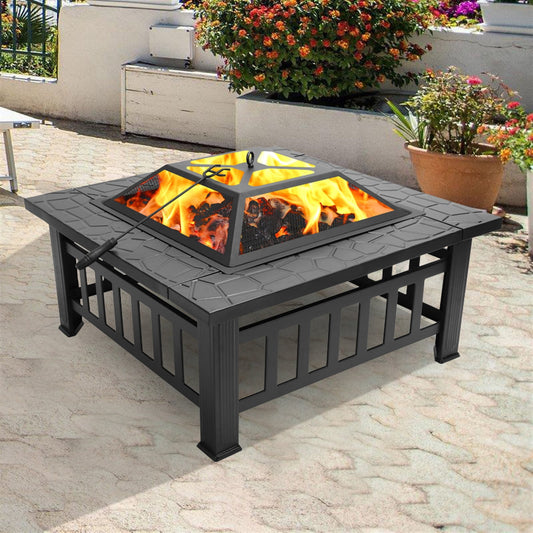 SESSLIFE Outdoor Fire Pits, 32" Square Fire Pit Table, Fire Pit Wood Burning with Safe Mesh Lid, Steel Frame Fire Pit, Patio Firepit/Grill/Ice Bucket, Black, X743