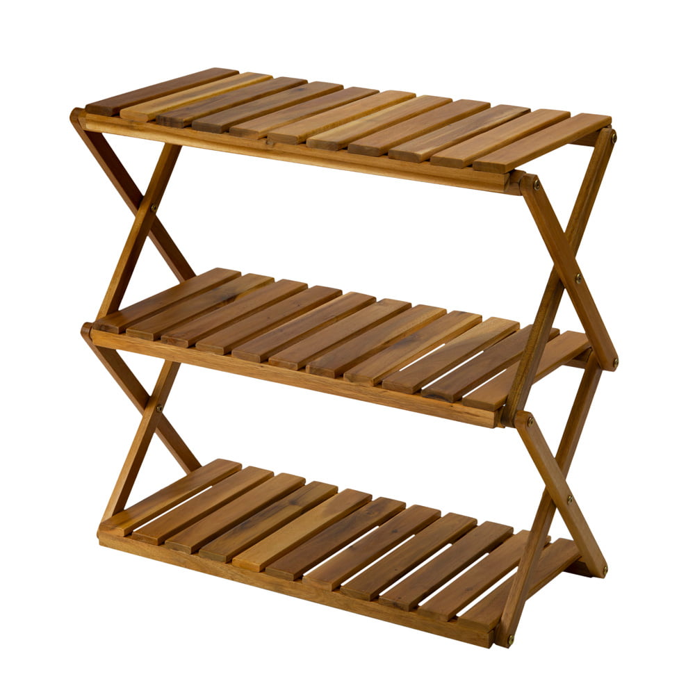 Acacia Wood 3 Tiers Shoe Rack, SESSLIFE Foldable Shoe Shel for Entryway Hallway Bedroom Living Room, Shoe Organizer 27.5"L x 24.8"W x 12.2"H, Natural Color, X2832