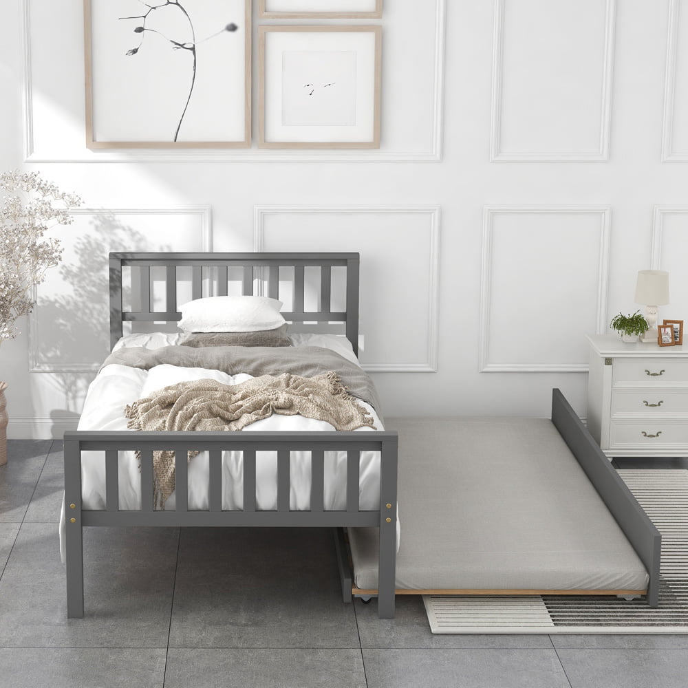 Sesslife Twin Bed with Trundle, Wood Platform Bed Frame with Headboard and Footboard, Modern Trundle Bed for Bedroom Living Space, Twin Size Bed No Box Spring Needed, Gray