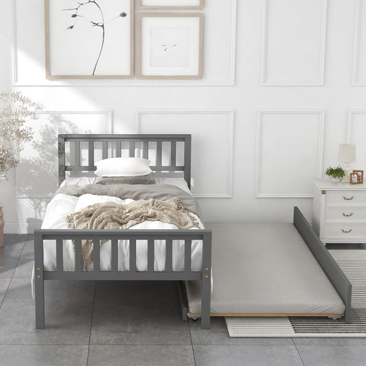 Sesslife Twin Bed with Trundle, Wood Platform Bed Frame with Headboard and Footboard, Modern Trundle Bed for Bedroom Living Space, Twin Size Bed No Box Spring Needed, Gray