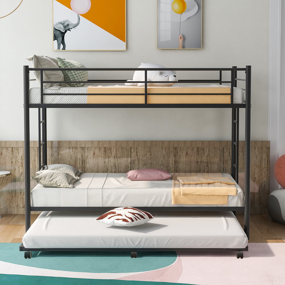 SESSLIFE Twin over Twin Bunk Bed with Trundle, Metal Bunk Bed with Ladder and Safe Guardrails, Bunk Beds for Kids Teens Bedroom, Twin Bunk Bed with Slats Support, No Box Spring Needed, Black, X2616