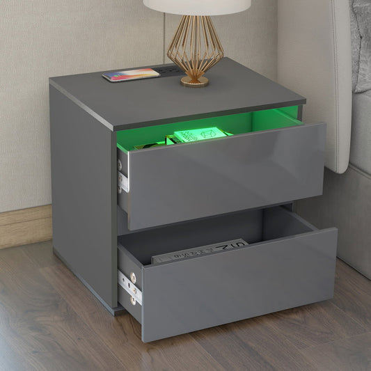 Sesslife Modern Nightstand with LED Light, USB Charging Ports and Outlets, Wireless Charging, Wood Bedside Table with Storage Drawers and Shelf for Bedroom Living Room, Dark Gray