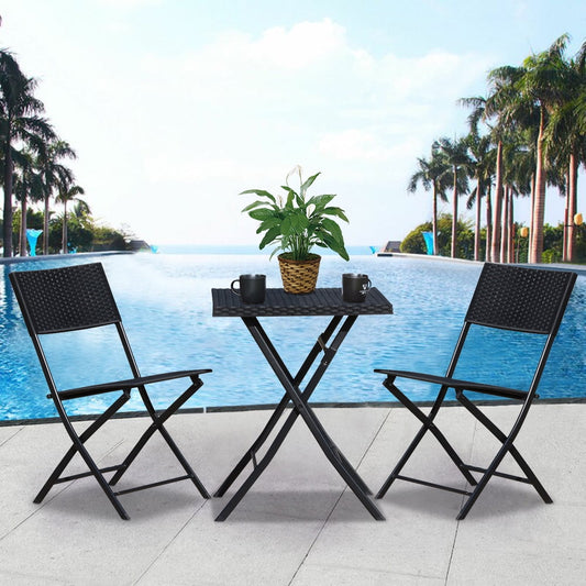 Patio Bistro Set, SESSLIFE Outdoor Patio Furniture Set, 3 Piece Patio Wicker Dining Set w/Steel Frame, Foldable Bistro Chairs and Table for Backyard Balcony, Rattan Outdoor Furniture Set, Black, X1314