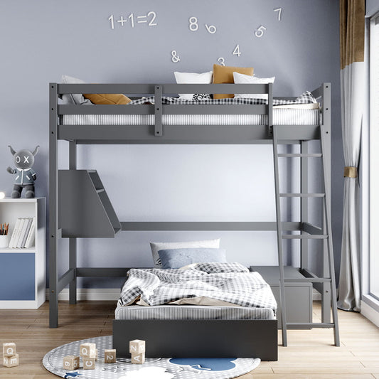 Twin Wood Loft Bed with Convertible Lower Bed, Convertible to Seat, Sesslife Kids Loft Bed with Storage Drawer and Shelves, Loft Bed Frame with Ladder and Guardrail for Kids, Space-Saving Design, Gray