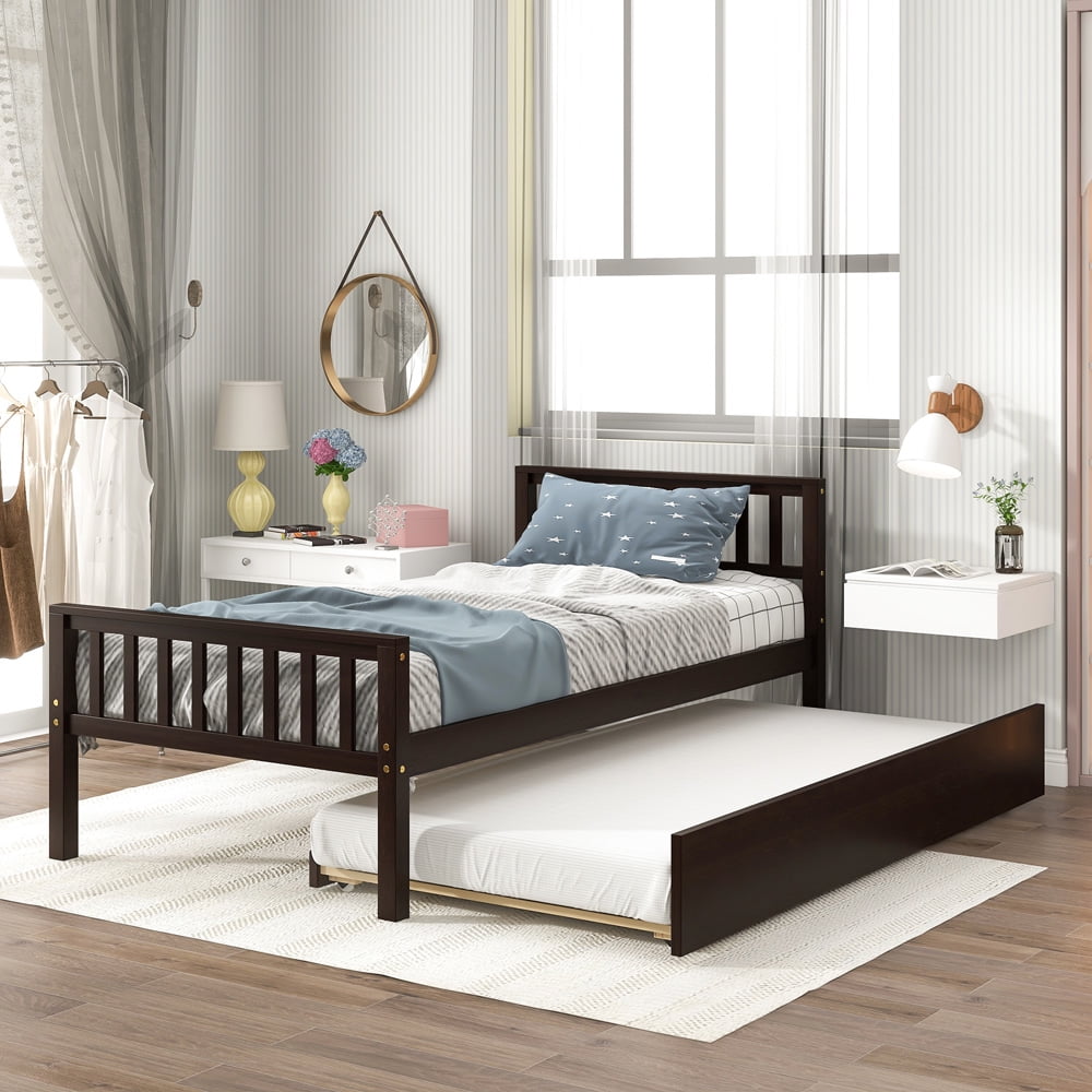 Twin Bed with Headboard and Footboard, Sesslife Espresso Bed Frame with Pull Out Trundle, Pine Wood Platform Bed for Kids Teens Boys Girls, Wooden Slats, No Box Spring Needed