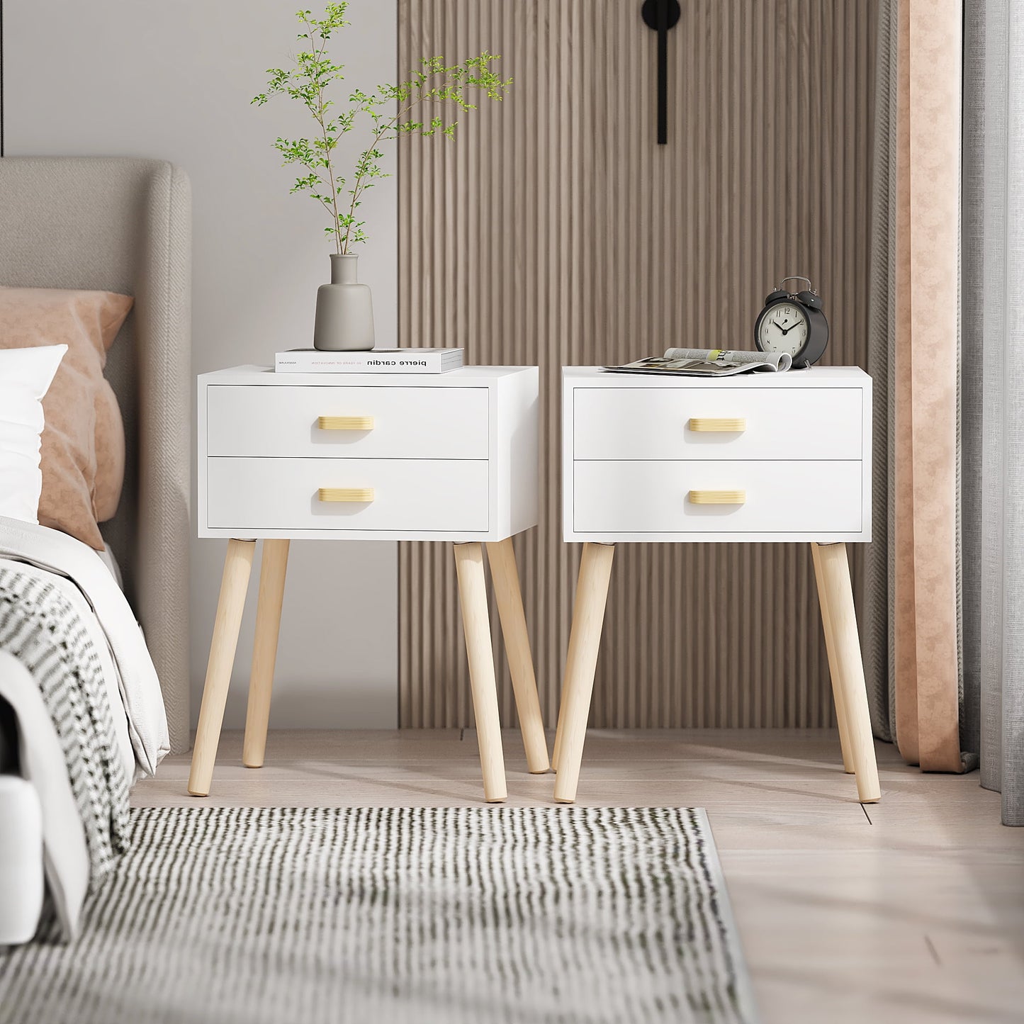 Sesslife Side Table Set of 2, Modern Nightstands with 2 Drawer and Pine Legs, Wood Bedside Table with Storage for Bedroom, End Table for Living Room, White