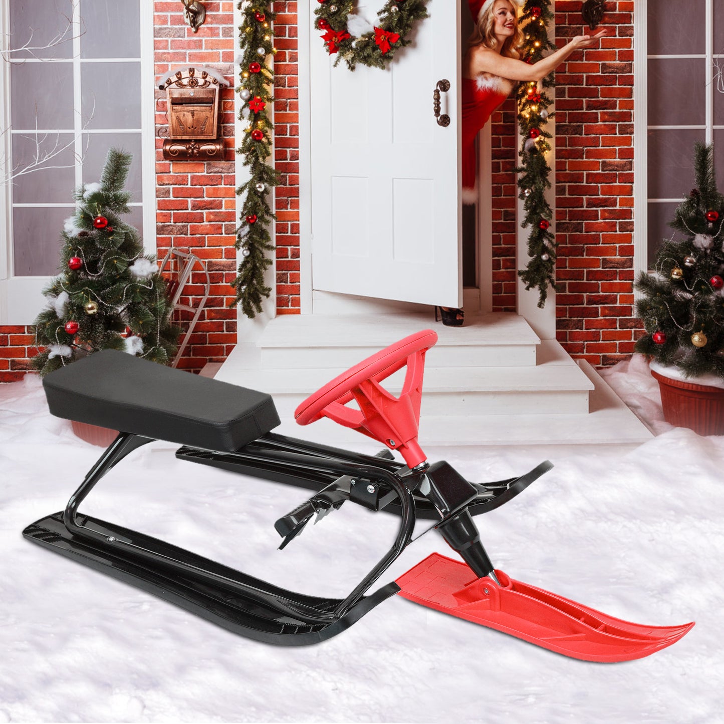 Sled for Snow, Steel Frame Snow Racer Sled, Red Sled Slider Board with Steering Wheel and Twin Brakes, Red