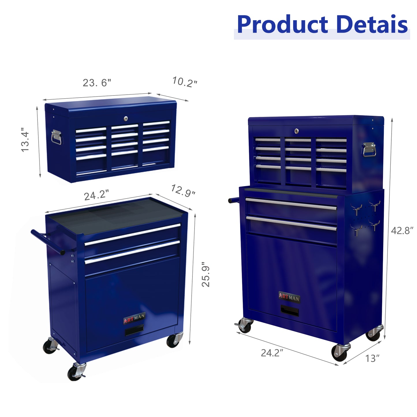 Rolling Tool Box with Wheels and 8 Drawers, High Capacity Rolling Tool Chest with Large Storage Cabinet