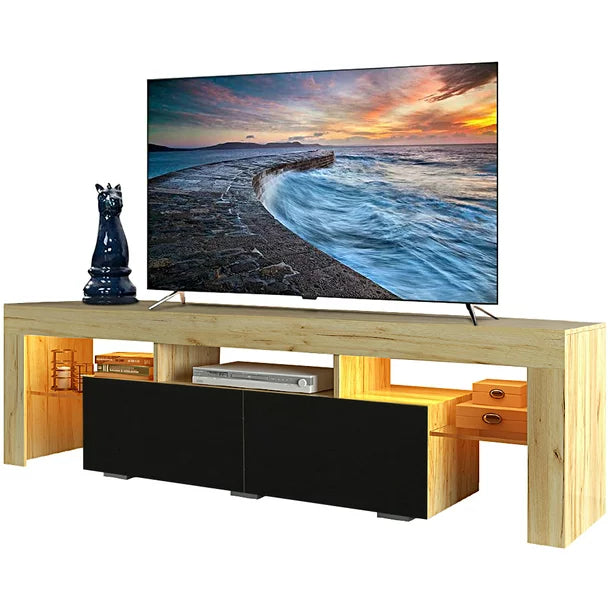 SESSLIFE TV Console Table for 70 Inch TV, Large Television Stand with RGB LED Lights, Farmhouse Wood Entertainment Center， TV Cabinet with 2 Drawers, TV Cabinet for Living Room, Bedroom