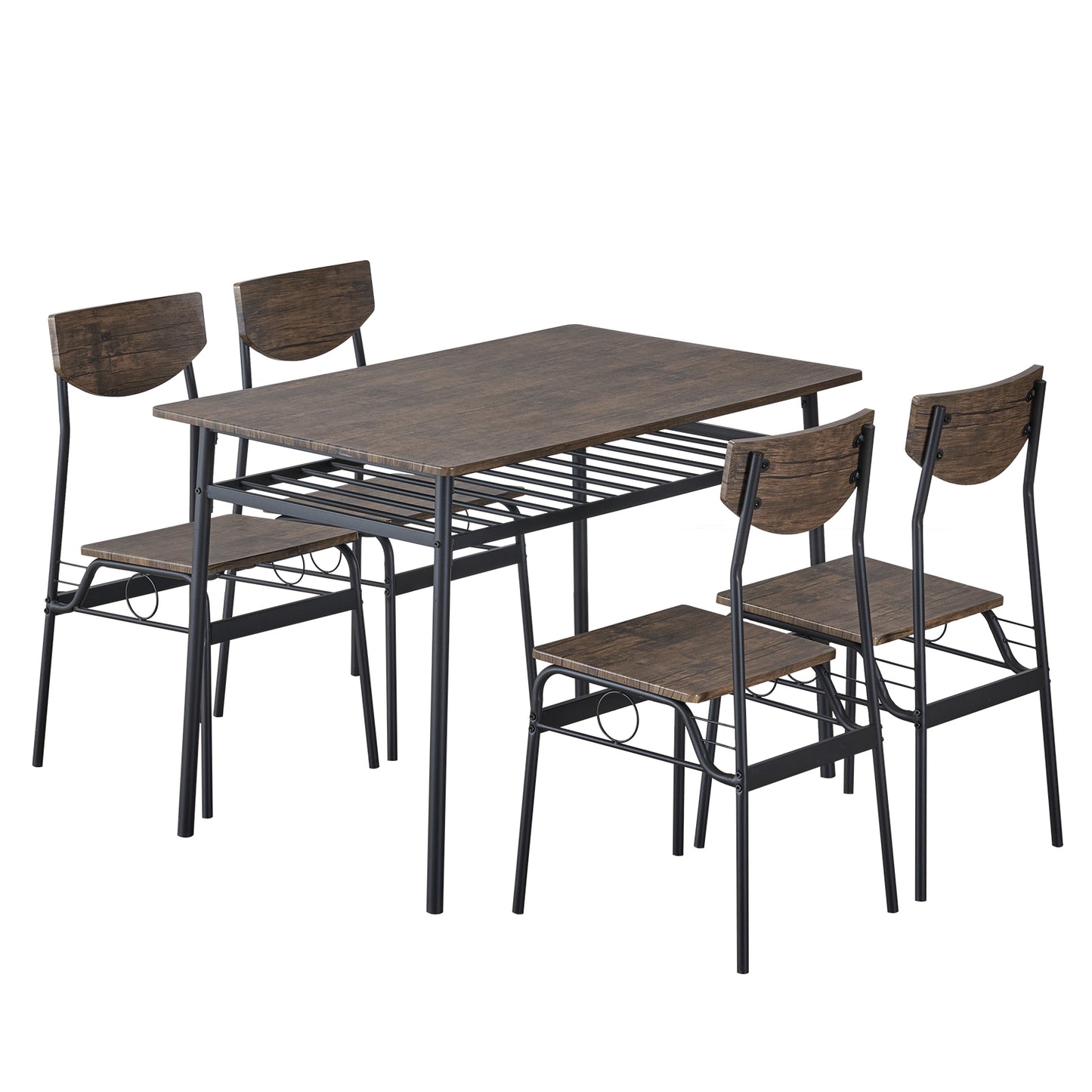 Dining Set for 4, Industrial Dining Room Table and Chairs Set, 5 Piece Wood Kitchen Rectangle Table and Chairs with Backrest Set, Patio Restaurant Bistro Table Set, Brown