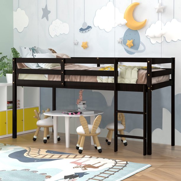 Sesslife Low Loft Bed, Wood Twin Loft Bed Frame with Ladder and Guardrails, No Box Spring Required, Easy Assembly (White)
