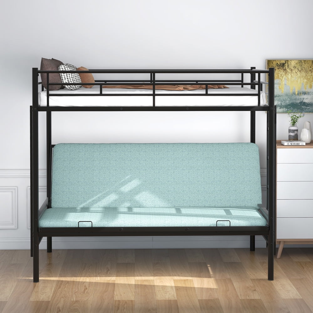 SESSLIFE Twin Over Full Bunk Bed, Metal Futon Bunk Bed for Kids Teens, Bunk Bed Guardrails and Two Side Ladder, Futon Bunk Bed Twin Over Full Size Small Space Bedroom Furniture, Black, X2371