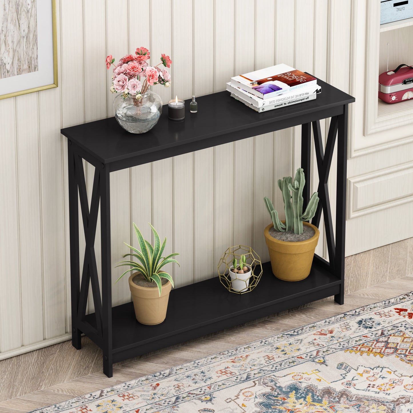 Storage Console Tables, Sesslife Wood Console Table with Storage Shelf, Narrow Entryway Table with Storage, Modern Console Table for Hallway Entryway, Black