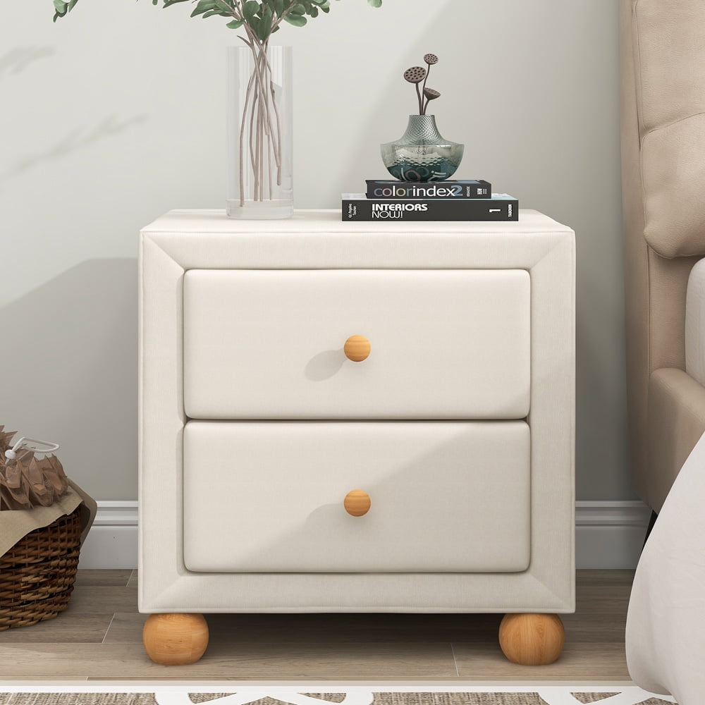 Modern Upholstered Nightstand, Sesslife Storage Bedside Table with 2 Drawers, Natural Wood Knobs, Sturdy Round Legs, 18.1"W Nightstand for Bedroom Living Room, Beige