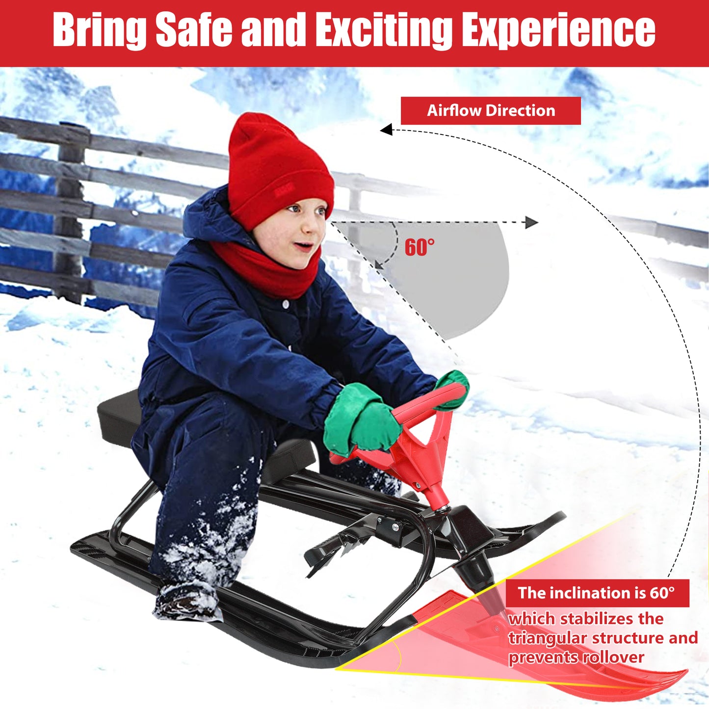 Sled for Snow, Steel Frame Snow Racer Sled, Red Sled Slider Board with Steering Wheel and Twin Brakes, Red