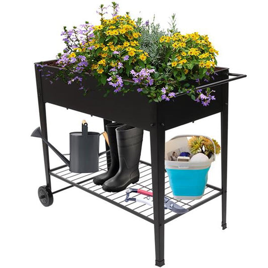 Garden Planter Box, SESSLIFE 32" H Tall Outdoor Elevated Garden Bed on Wheels with Legs, Mobile Raised Garden Bed Cart for Vegetables Flower Herb, Metal Garden Box w/Storage Shelf Handle, Black, X1041