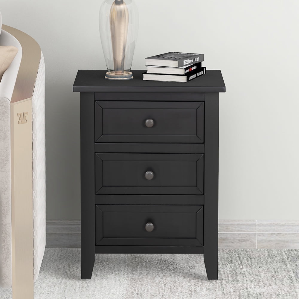 SESSLIFE Wood Nightstand With 3 Drawers, Bedside Table with Storage, Modern Storage Cabinet for Bedroom Living Room Entryway, Black End Side Table 25" Tall, X2654