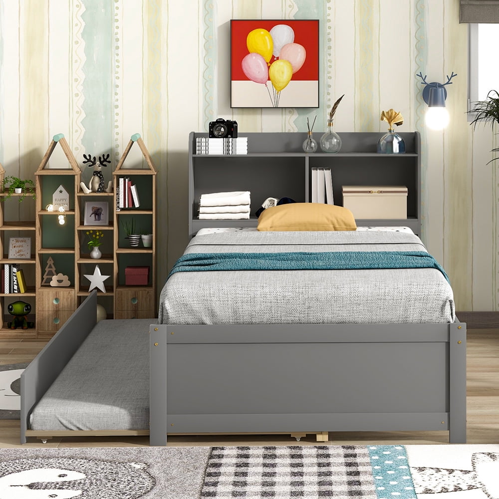 Sesslife Wood Twin Bed with Storage, Kids Bed Frame with Twin Trundle Bed, Storage Bed Frames with Bookcase Headboard and No Box Spring Needed, Gray Platform Bed Bedroom Furniture